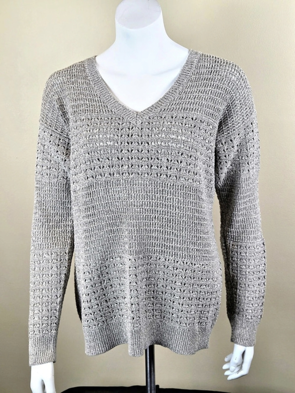 DKNY Jeans Open Knit V-Neck Sweater Pointelle Boho Mixed Stitch Cotton Blend
